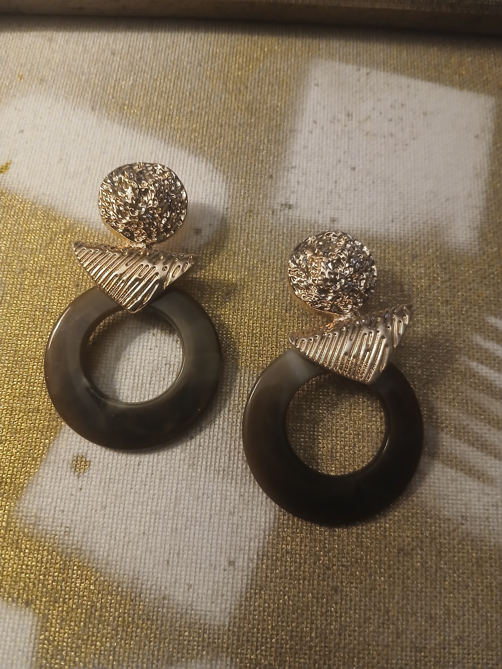 Gold-Tone & Dark Brown Acrylic Hoop Drop Earrings